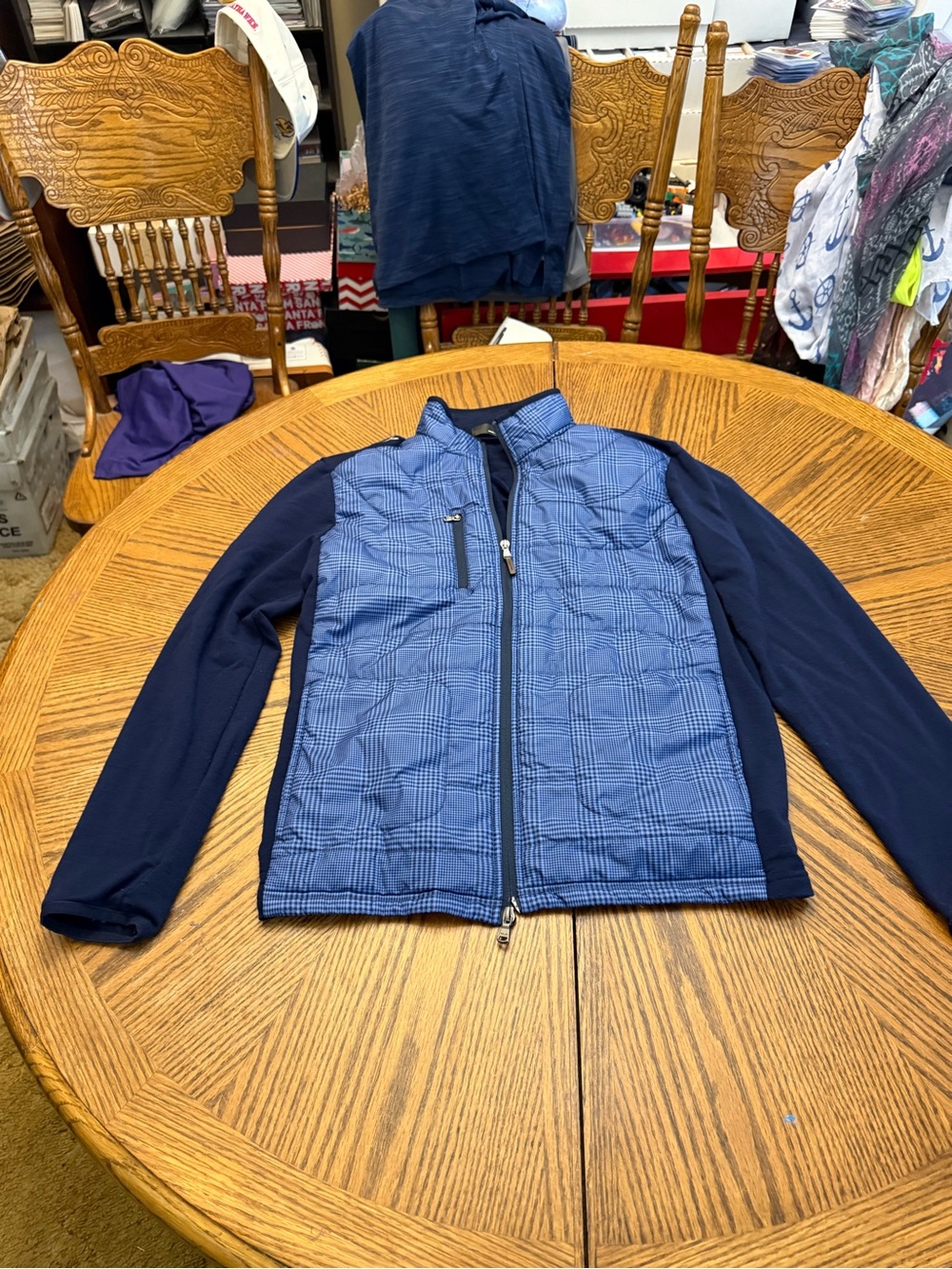RLX Ralph Lauren Blue Quilted Front Shirt Jacket with Navy Knit Sleeves